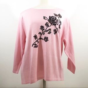 Victor Costa 3/4 Slv Floral Knit Sweater XL Pink